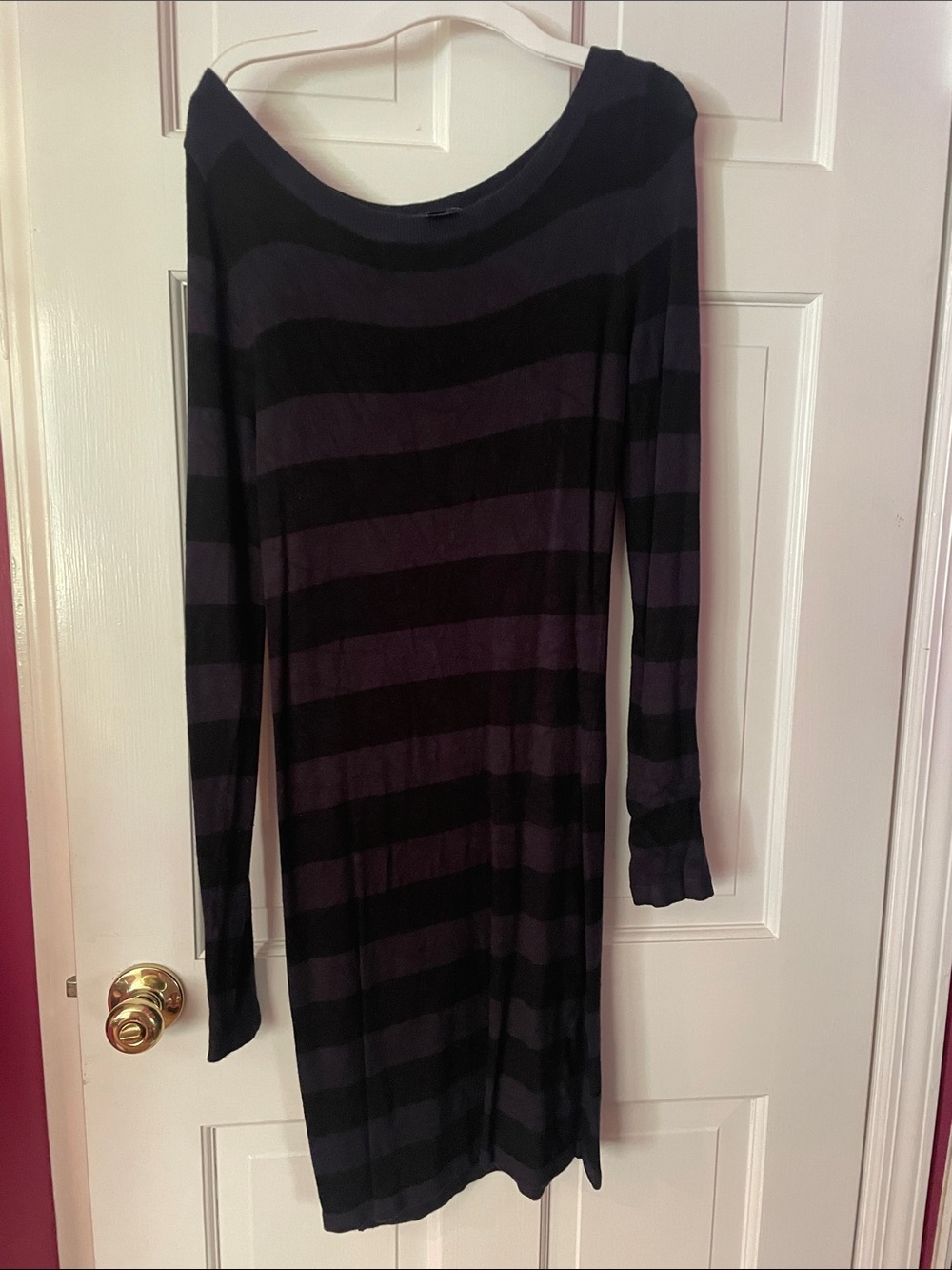 French Connection Black & Deep Purple Striped Long Sleeve Dress